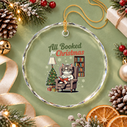 All Booked Christmas Cat Lover Bookish Glass Ornament - Material: Circle Glass Ornament