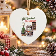 All Booked Christmas Cat Lover Bookish Glass Ornament - Material: Heart Ceramic Ornament