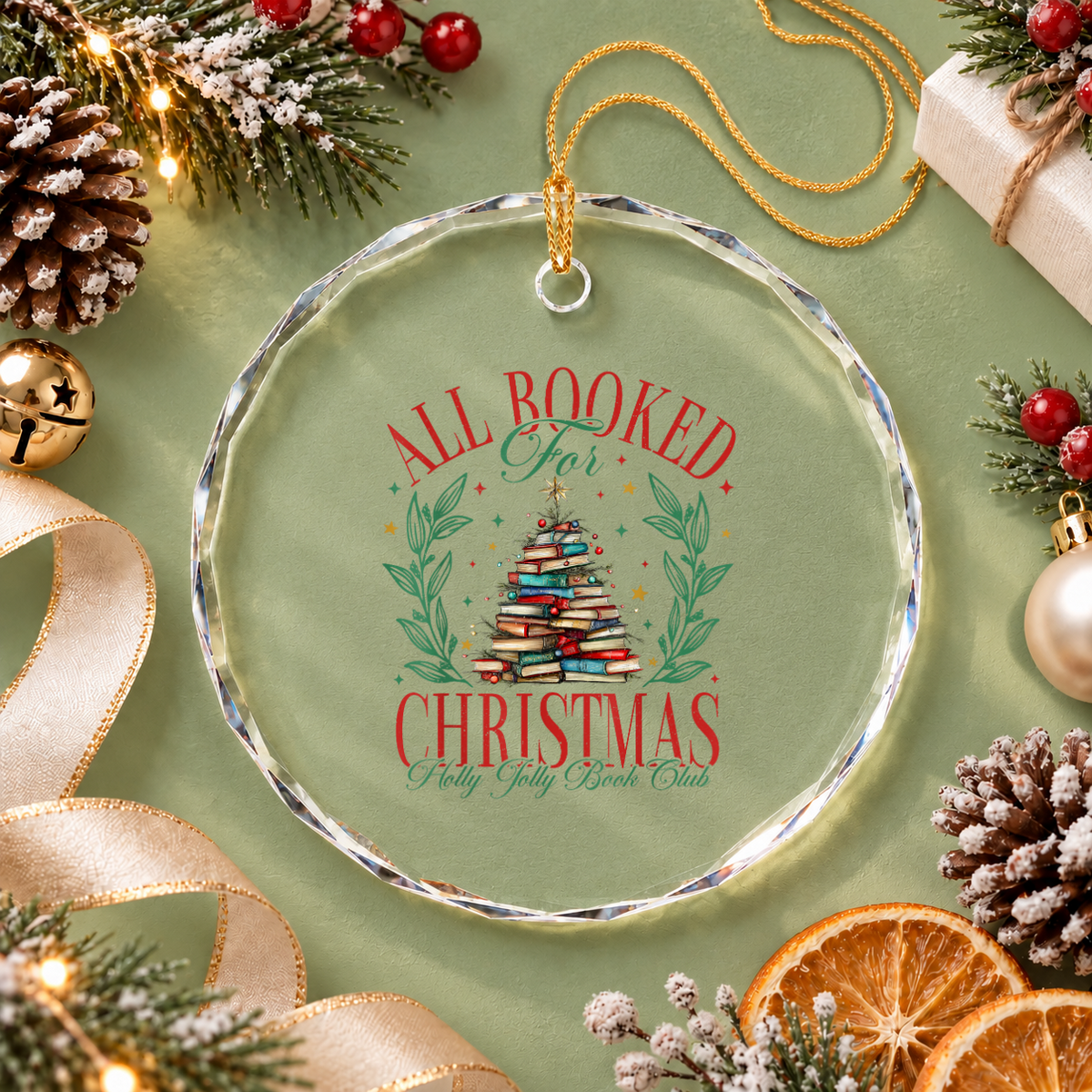 All Booked For Christmas Book Tree Lights Glass Ornament - Material: Circle Glass Ornament