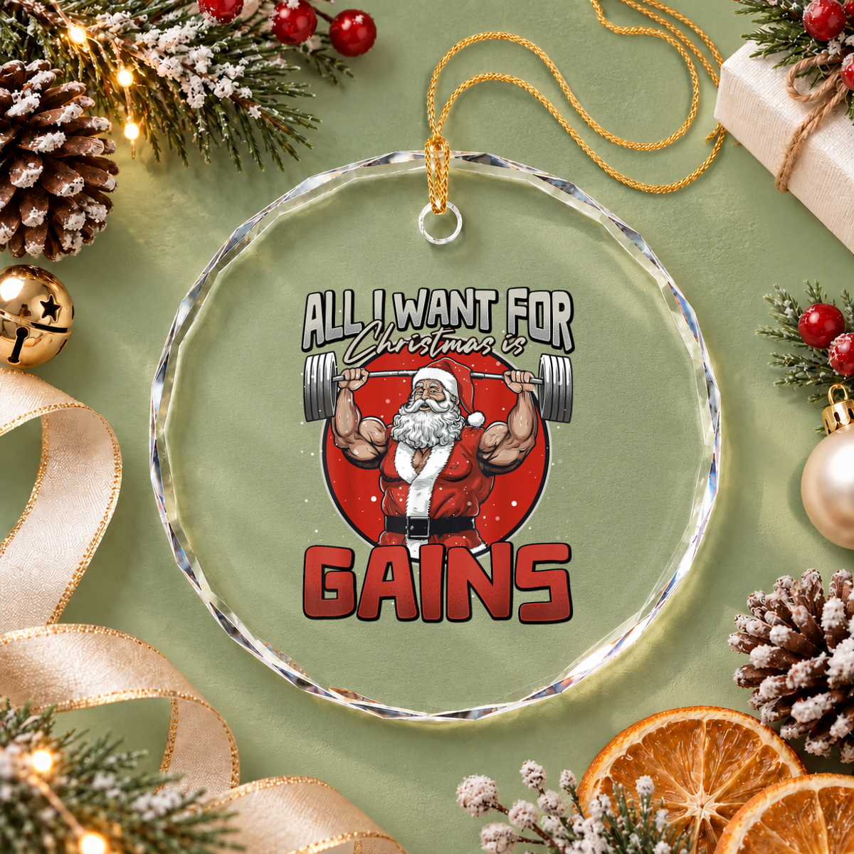 All I Want Christmas Gains Santa Weightlifting Glass Ornament - Material: Circle Glass Ornament
