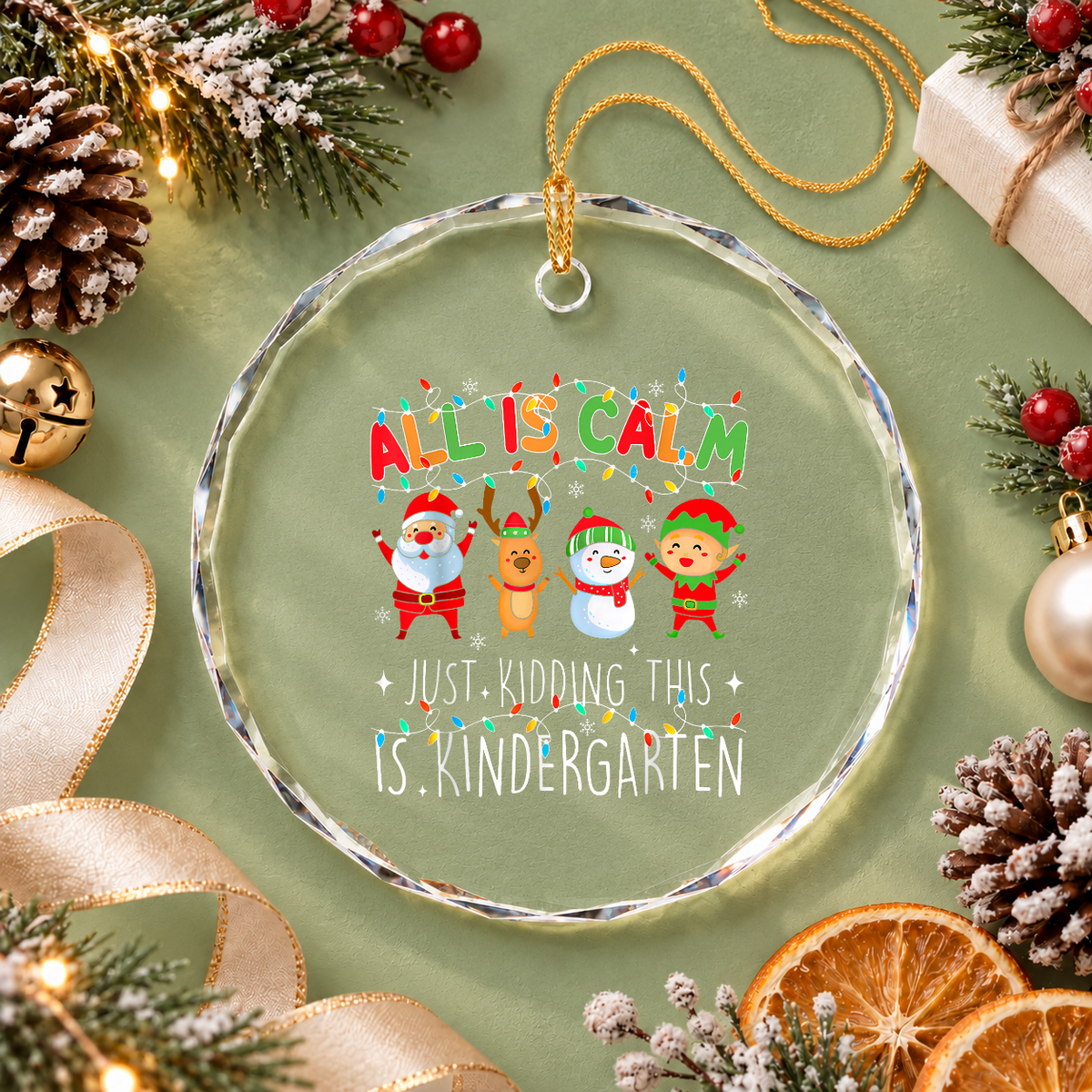 All Is Calm Just Kidding Teacher Christmas Glass Ornament - Material: Circle Glass Ornament