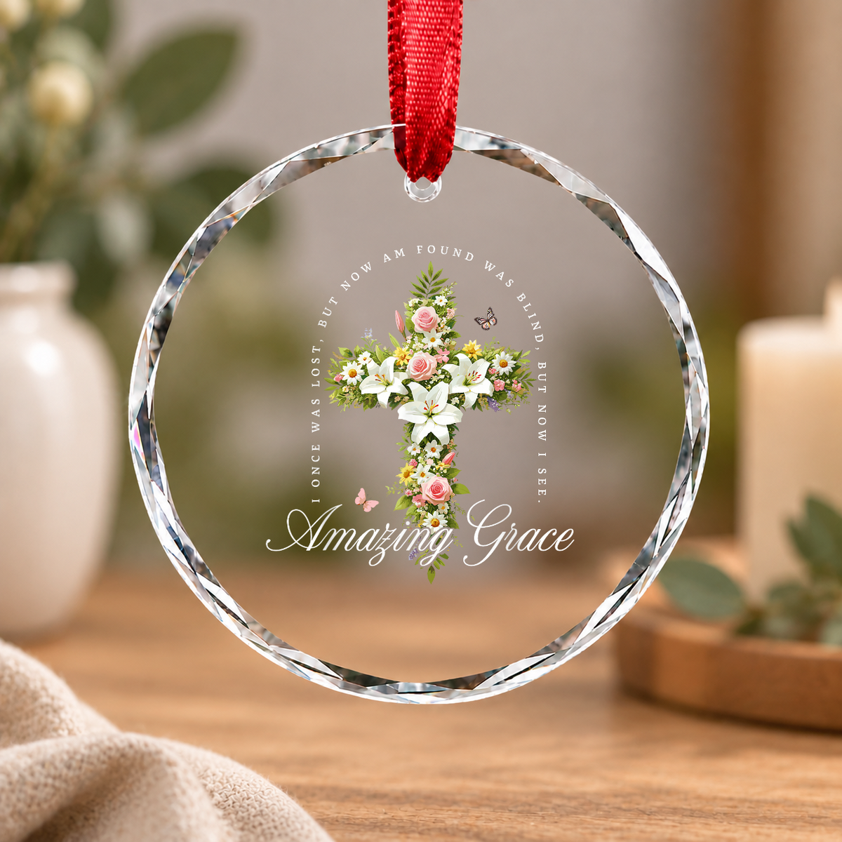 Amazing Grace Christian Faith Glass Ornament - Material: Circle Glass Ornament