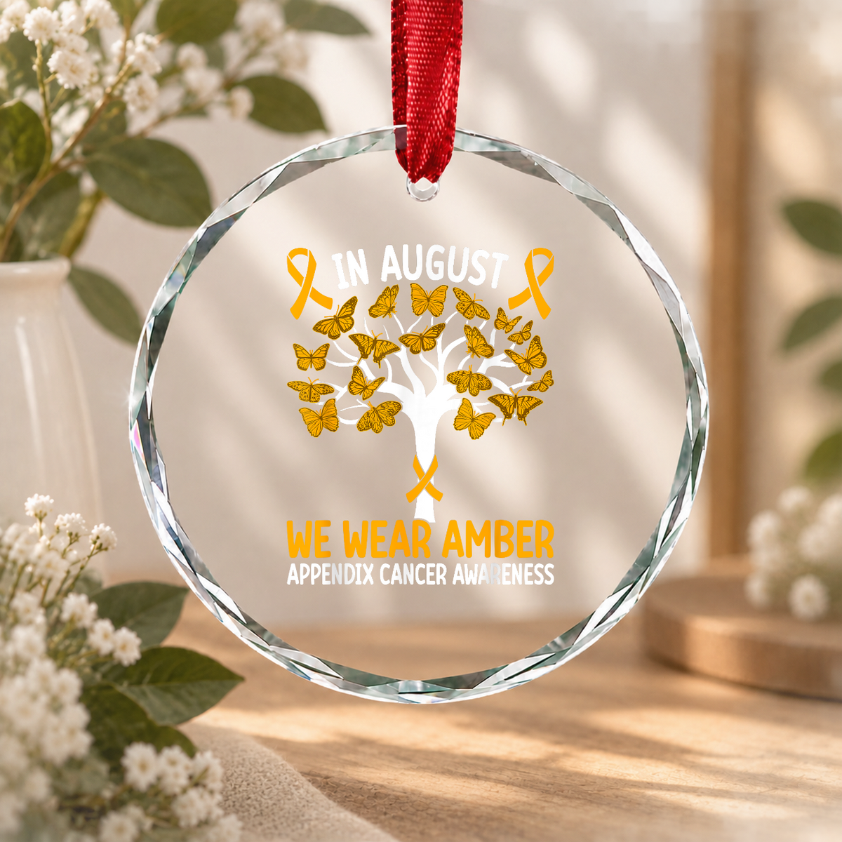 Amber Ribbon Appendix Cancer Awareness Ornament Glass Ornament - Material: Circle Glass Ornament