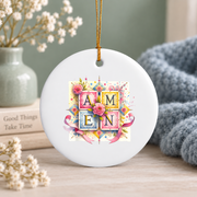 Amen Floral Christian Botanical Glass Ornament - Material: Circle Ceramic Ornament