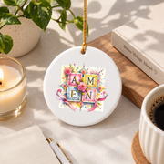 Amen Floral Christian Botanical Glass Ornament - Material: Circle Ceramic Ornament