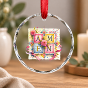 Amen Floral Christian Botanical Glass Ornament - Material: Circle Glass Ornament