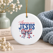 America Needs Jesus Patriotic Faith Glass Ornament - Material: Circle Ceramic Ornament