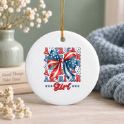 American Girl Coquette Bow Holiday Gift Decoration Glass Ornament - Material: Circle Ceramic Ornament