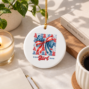 American Girl Coquette Bow Holiday Gift Decoration Glass Ornament - Material: Circle Ceramic Ornament