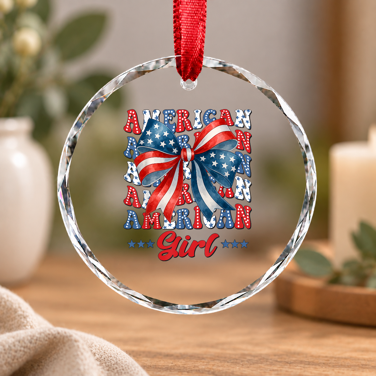 American Girl Coquette Bow Holiday Gift Decoration Glass Ornament - Material: Circle Glass Ornament