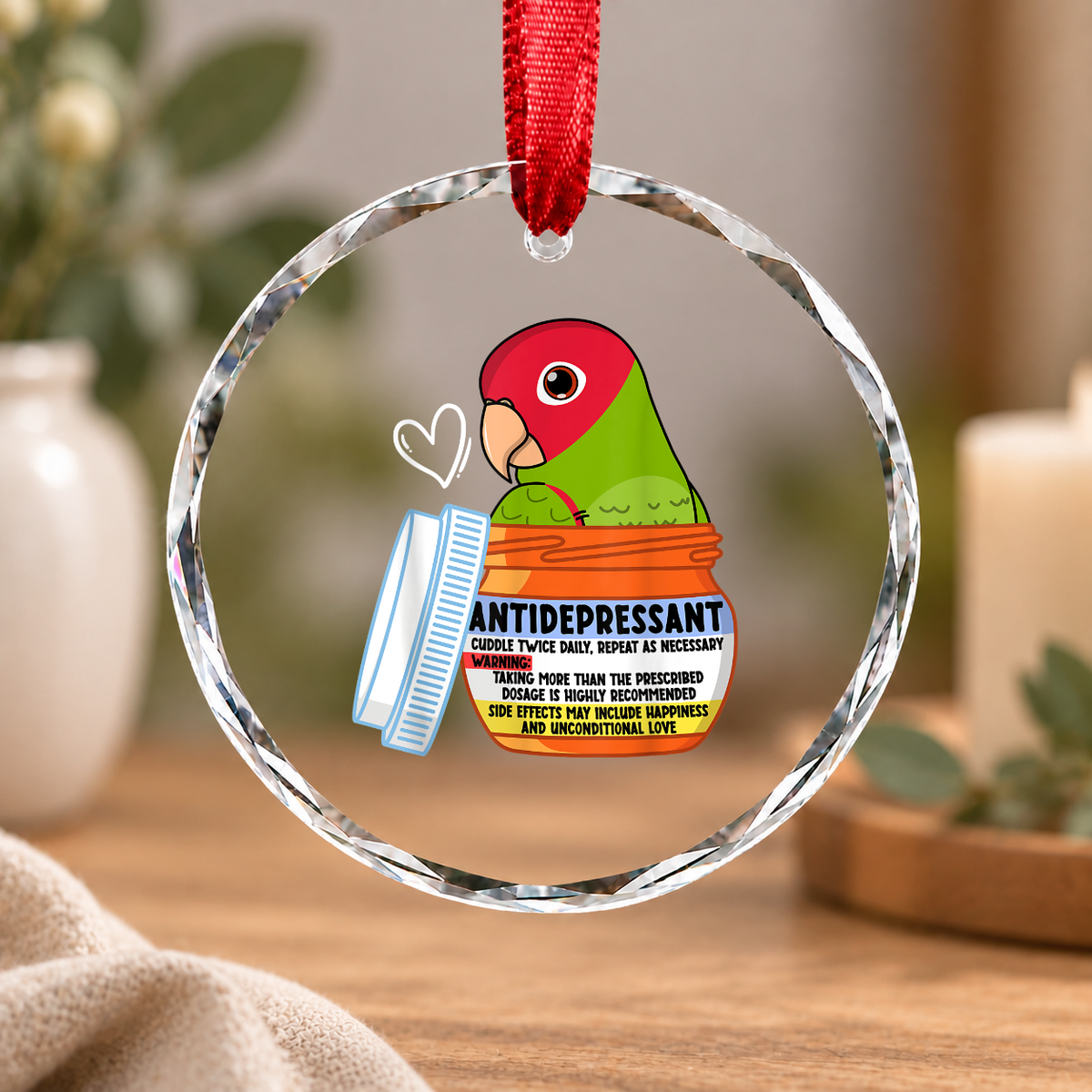 Antidepressant Red Masked Conure Parrot Glass Ornament - Material: Circle Glass Ornament