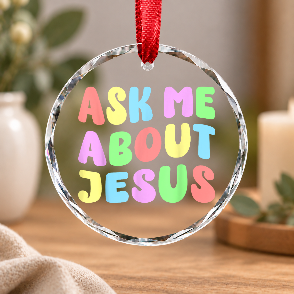 Ask Me About Jesus Faith Glass Ornament - Material: Circle Glass Ornament