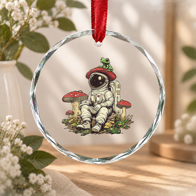 Astronaut Frog Mushroom Cottagecore Aesthetic Glass Ornament - Material: Circle Glass Ornament