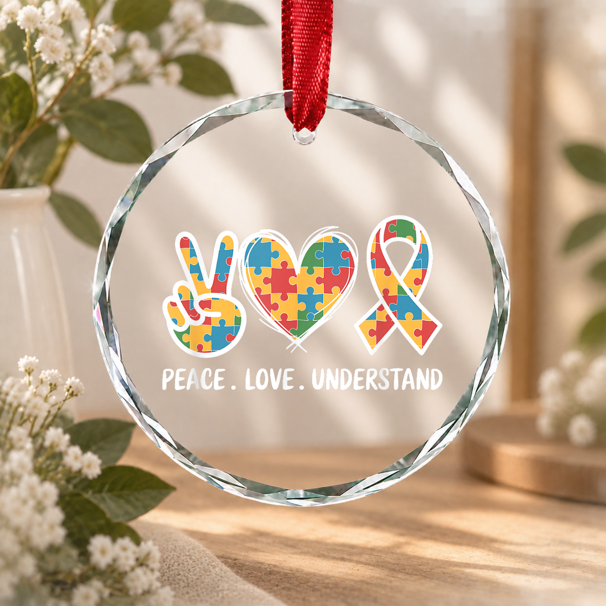 Autism Awareness Accept Understand Love Ornament Glass Ornament - Material: Circle Glass Ornament