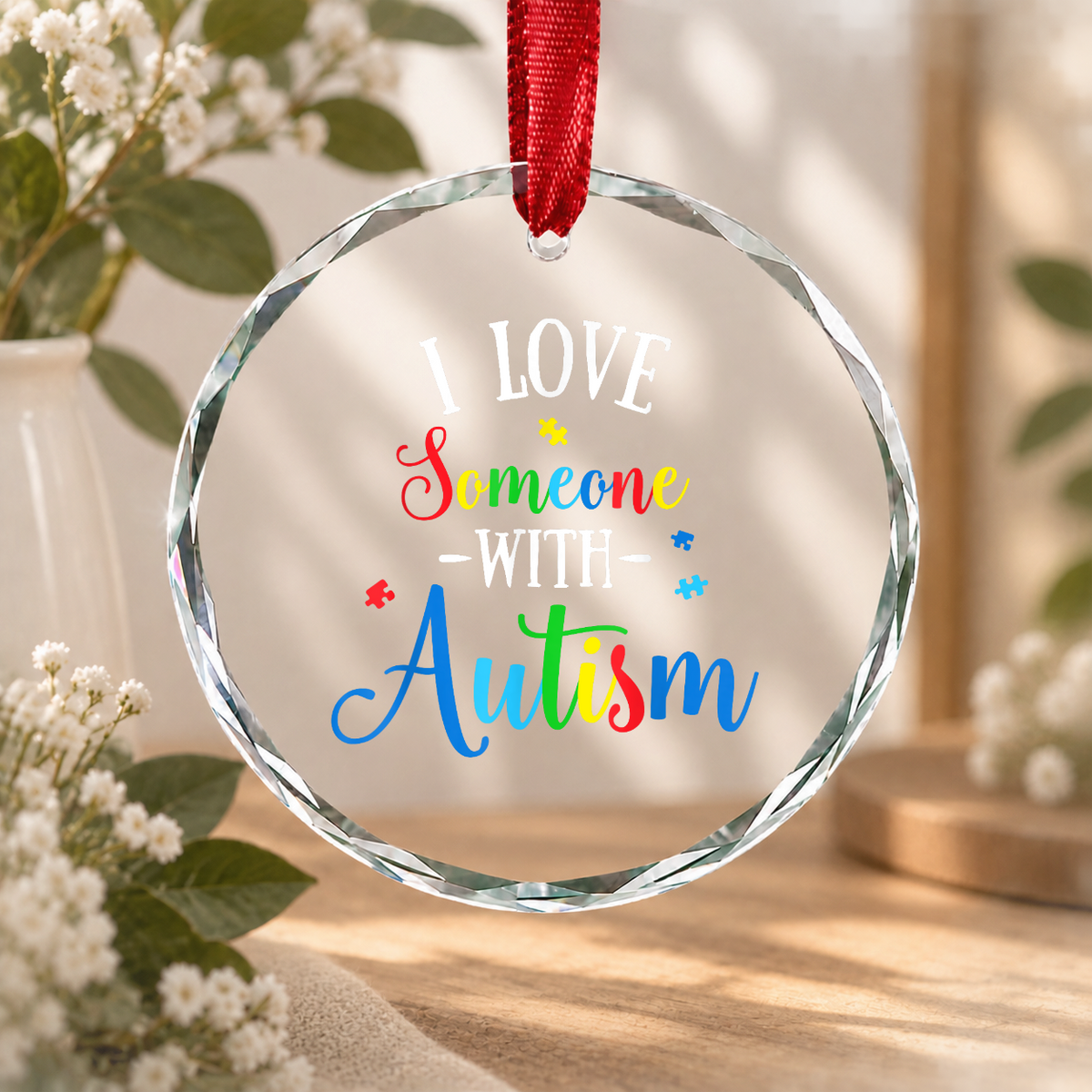 Autism Awareness Love Someone Ornament Glass Ornament - Material: Circle Glass Ornament