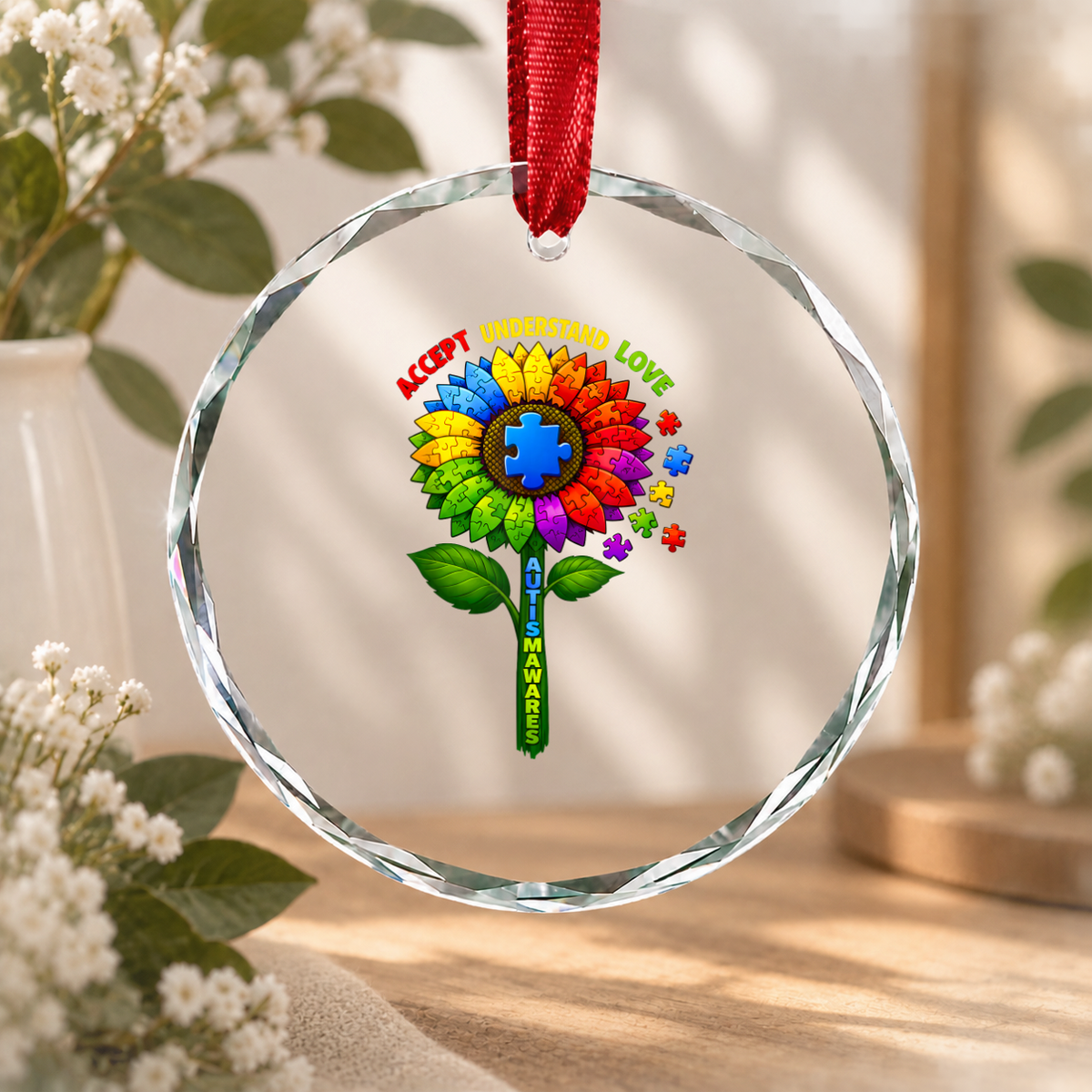Autism Flower Accept Understand Love Ornament Glass Ornament - Material: Circle Glass Ornament