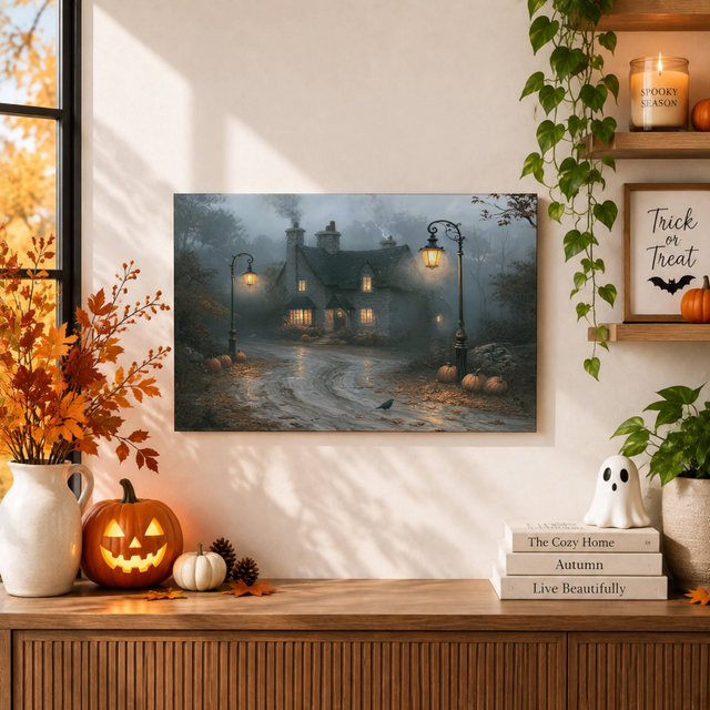 Autumn Cottage Wall Art Print Pumpkin Night Halloween Home Decor Artwork - Format: Unframed Paper Poster