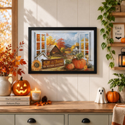 Autumn Pumpkin Painting Poster Fall Jesus Landscape Wall Art Religious Home Decor Print - Format: Black Framed Poster