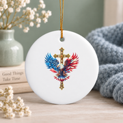 Bald Eagle Christian Cross USA Glass Ornament - Material: Circle Ceramic Ornament