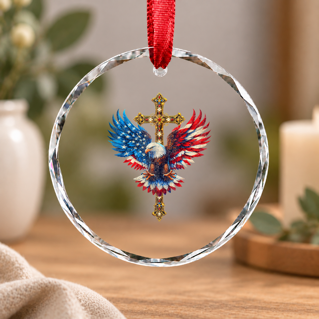 Bald Eagle Christian Cross USA Glass Ornament - Material: Circle Glass Ornament