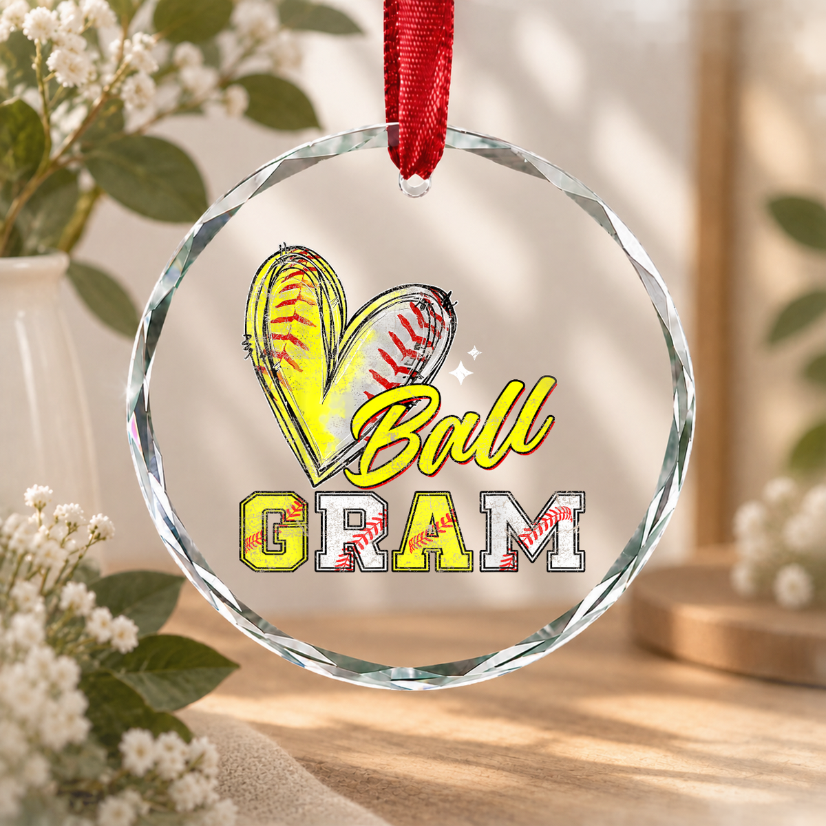 Ball Gram Baseball Softball Player Gift Glass Ornament - Material: Circle Glass Ornament
