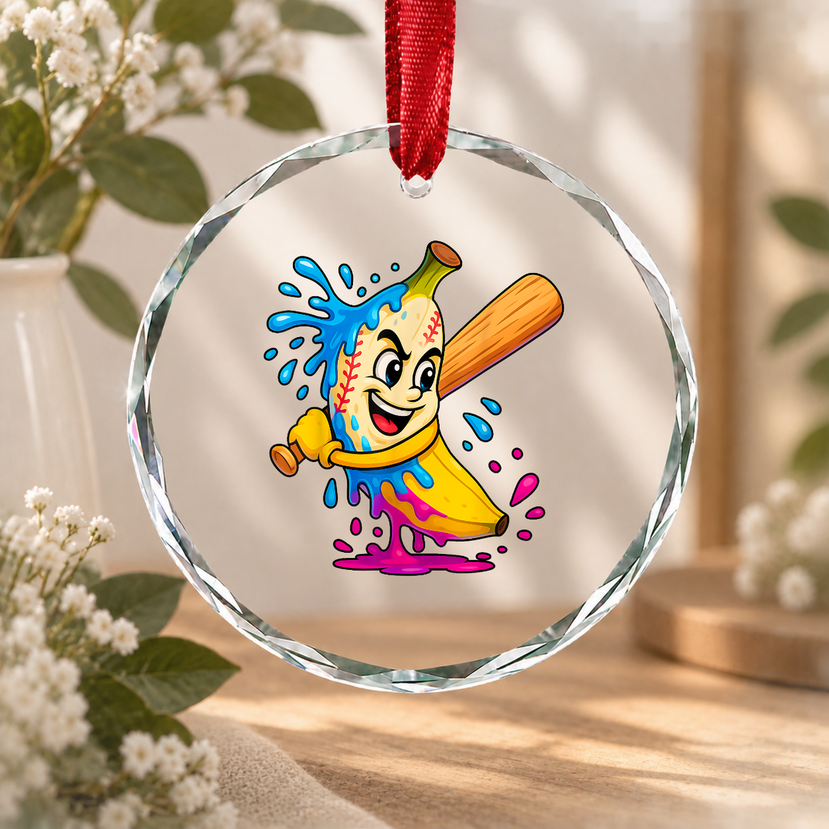 Banana Baseball Ice Cream Drip Sports Lover Glass Ornament - Material: Circle Glass Ornament