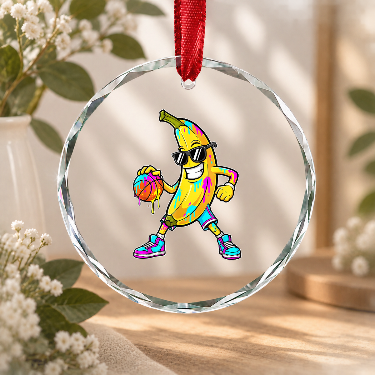 Banana Basketball Drip Sports Theme Gift Glass Ornament - Material: Circle Glass Ornament
