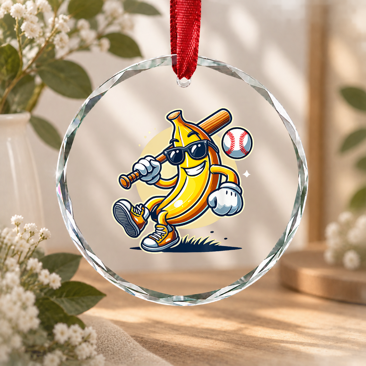 Banana Playing Baseball Fruit Lover Gift Glass Ornament - Material: Circle Glass Ornament