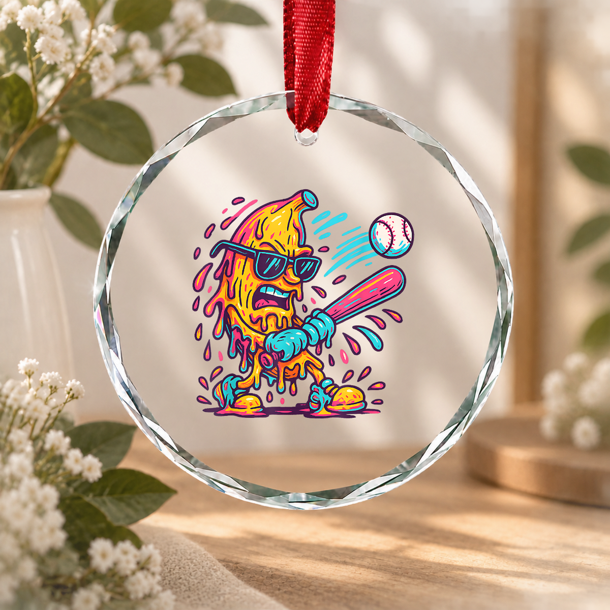 Banana Swinging Baseball Ice Cream Drip Glass Ornament - Material: Circle Glass Ornament