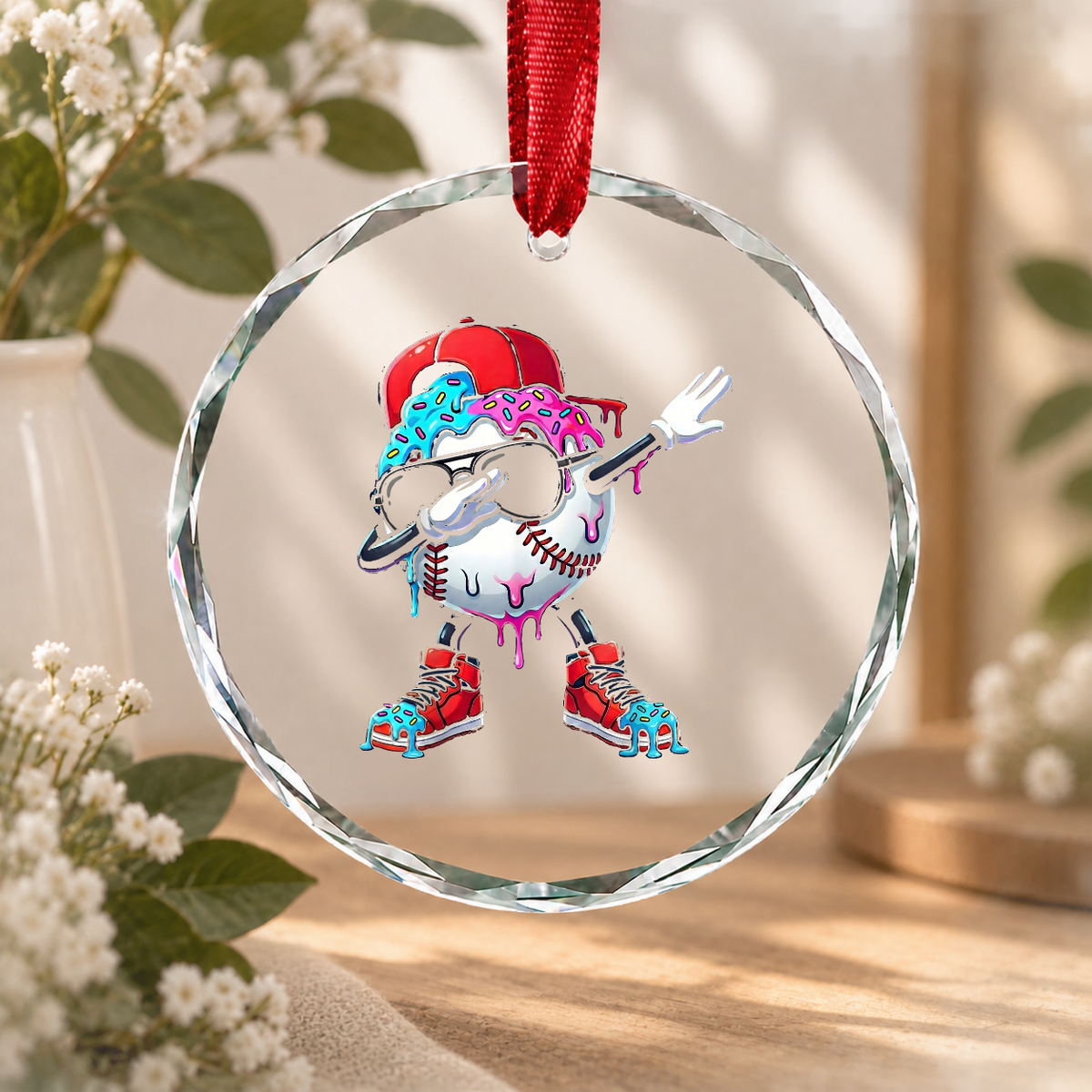 Baseball Dabbing Ice Cream Drip Sports Glass Ornament - Material: Circle Glass Ornament