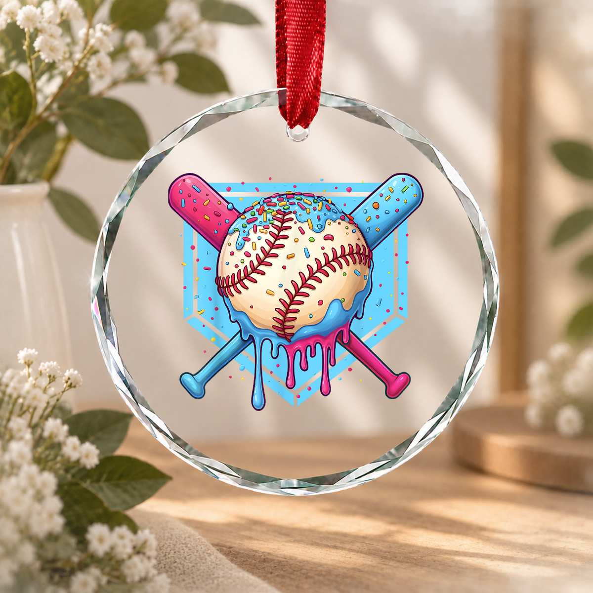 Baseball Home Plate Ice Cream Drip Glass Ornament - Material: Circle Glass Ornament