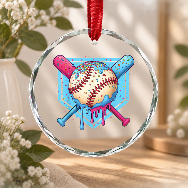 Baseball Home Plate Ice Cream Drip Glass Ornament - Material: Circle Glass Ornament