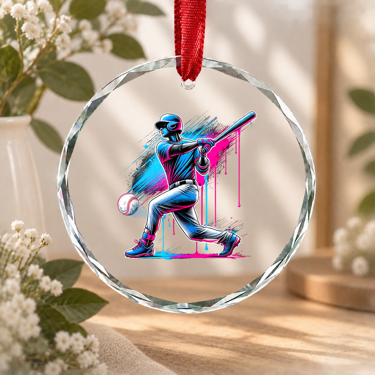 Baseball Home Plate Sprinkles Ice Cream Glass Ornament - Material: Circle Glass Ornament