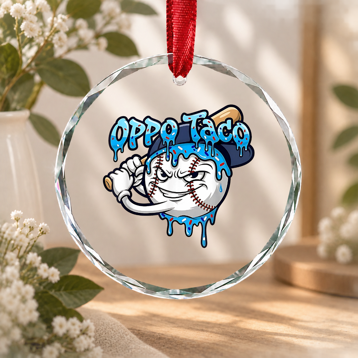 Baseball Ice Cream Drip Oppo Taco Design Glass Ornament - Material: Circle Glass Ornament