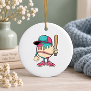 Baseball Ice Cream Drip Sports Theme Glass Ornament - Material: Circle Ceramic Ornament