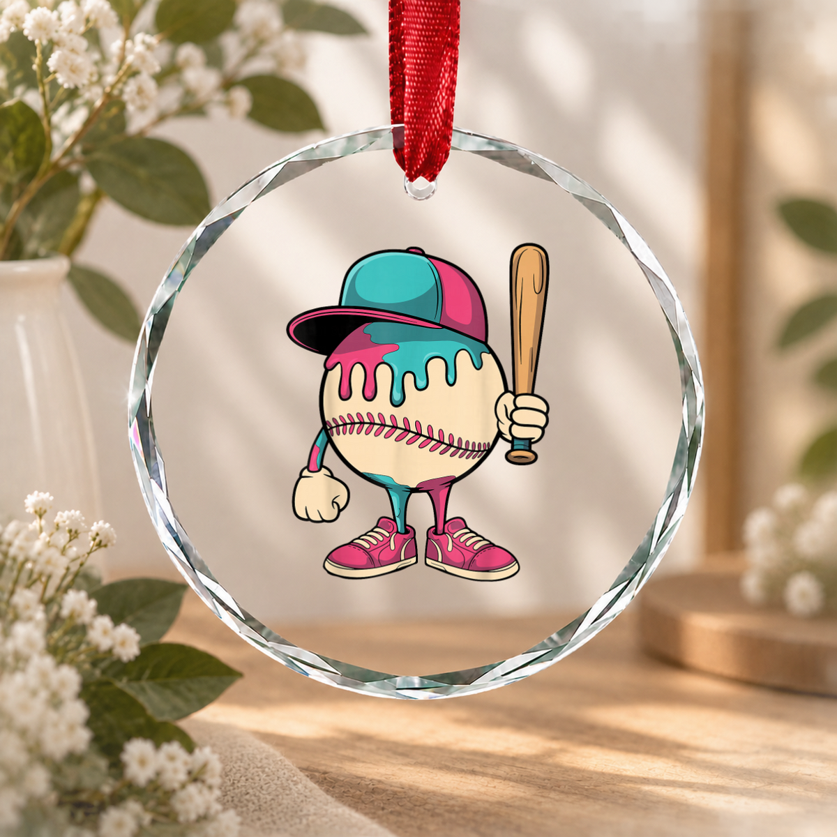 Baseball Ice Cream Drip Sports Theme Glass Ornament - Material: Circle Glass Ornament