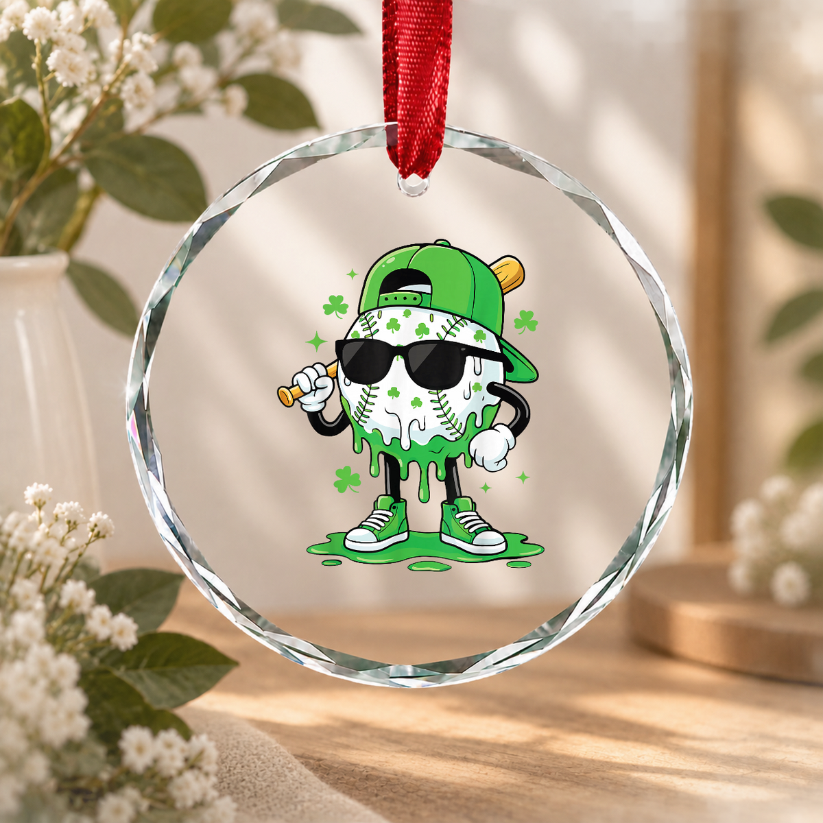 Baseball Ice Cream Player Sports Gift Glass Ornament - Material: Circle Glass Ornament
