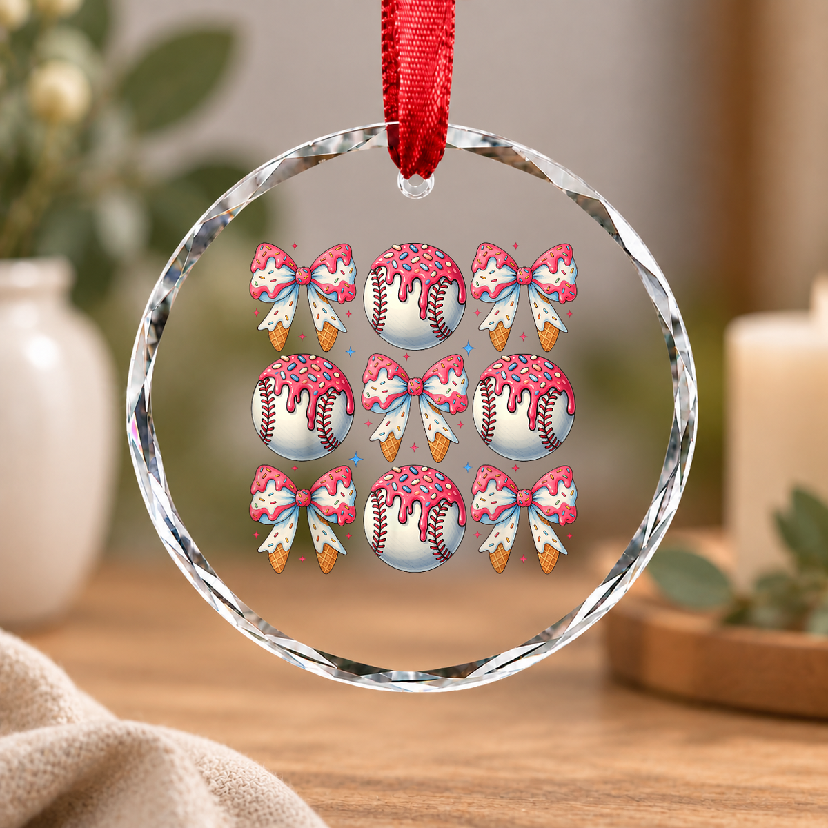 Baseball Lover Coquette Bow Sports Gift Decoration Glass Ornament - Material: Circle Glass Ornament