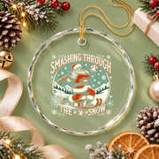 Baseball Player Santa Snow Glass Ornament - Material: Circle Glass Ornament