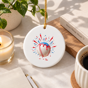 Baseball Red White Blue Fireworks Sports Glass Ornament - Material: Circle Ceramic Ornament