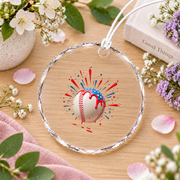 Baseball Red White Blue Fireworks Sports Glass Ornament - Material: Circle Glass Ornament