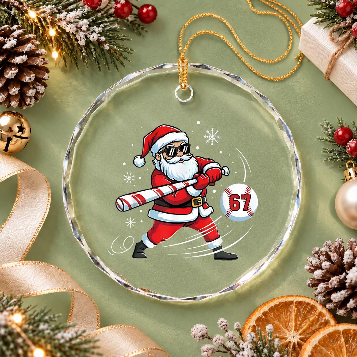 Baseball Santa 67 Christmas Glass Ornament - Material: Circle Glass Ornament