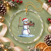 Baseball Snowman Christmas Sports Glass Ornament - Material: Circle Glass Ornament