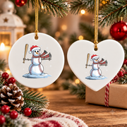 Baseball Snowman Christmas Sports Glass Ornament - Material: Heart Ceramic Ornament