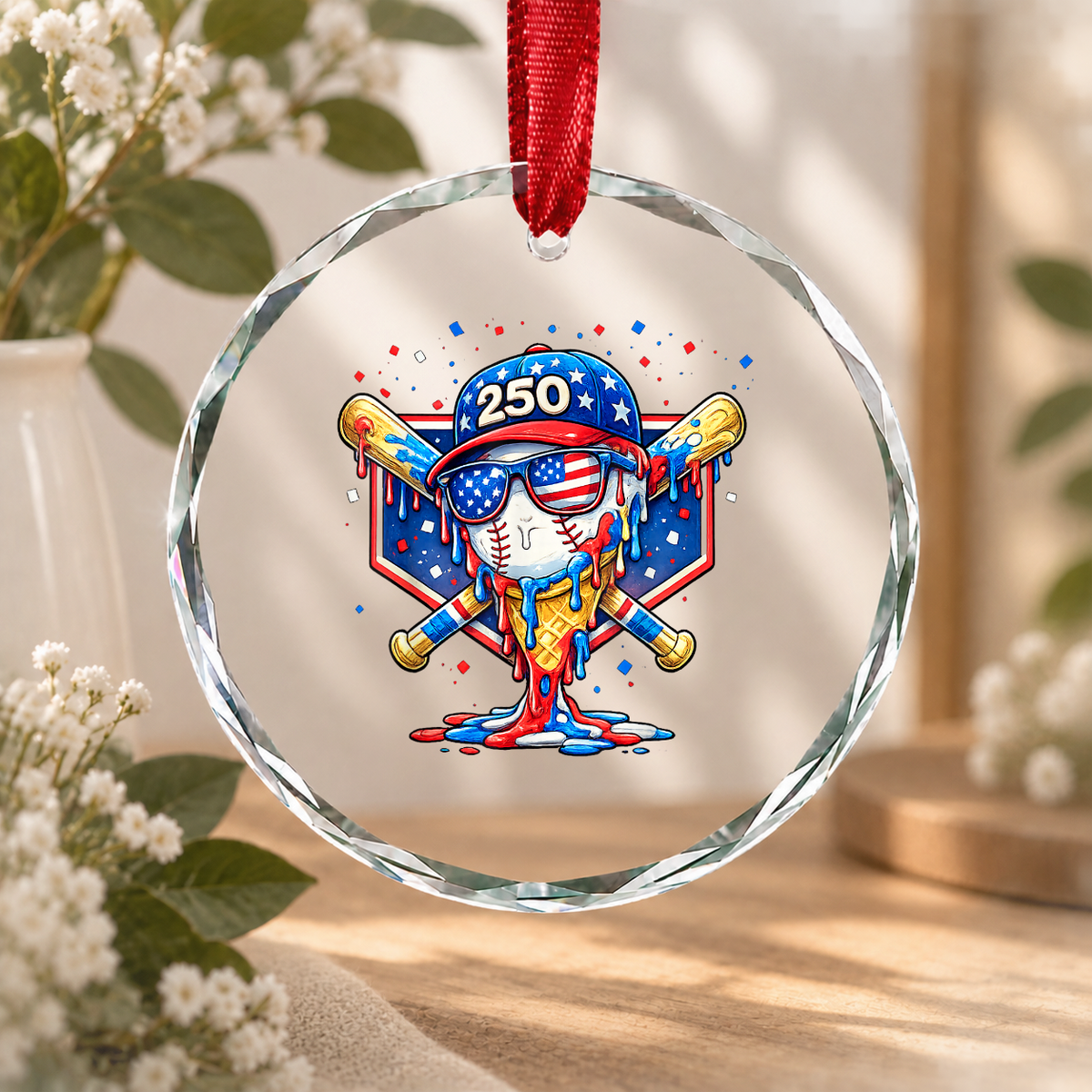 Baseball Team 250 Years Ice Cream Drip Glass Ornament - Material: Circle Glass Ornament