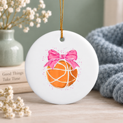 Basketball Coquette Bow Cute Player Gift Decoration Glass Ornament - Material: Circle Ceramic Ornament