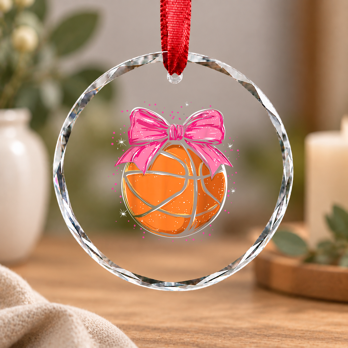 Basketball Coquette Bow Cute Player Gift Decoration Glass Ornament - Material: Circle Glass Ornament