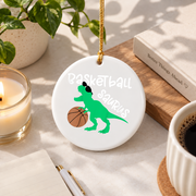 Basketball Dinosaur Dino Lover Sports Gift Glass Ornament - Material: Circle Ceramic Ornament