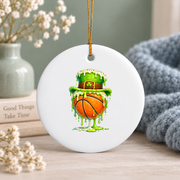 Basketball Ice Cream Drip Leprechaun Theme Glass Ornament - Material: Circle Ceramic Ornament