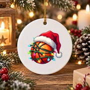 Basketball Santa Family Christmas Glass Ornament - Material: Circle Ceramic Ornament